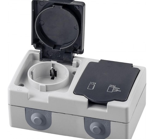 PST16-12-54 Розетка 2-местная с/з, 250В, 16А, IP54, серия Велена, серый/графит  32754  STEKKER