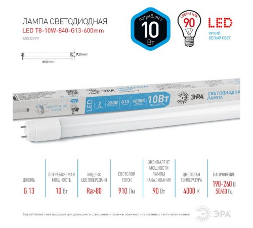 Лампа светодиодная линейная LED T8-10W-840-G13-600mm  Б0032999  ЭРА