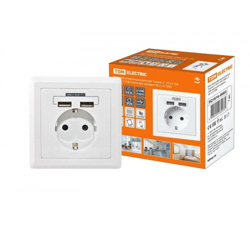 Блок мультифункциональный "Сенеж 2" 2П+3 16А 250В + 2 USВ-порта для зарядки 5В 2,1А белый  SQ1816-0002  TDM