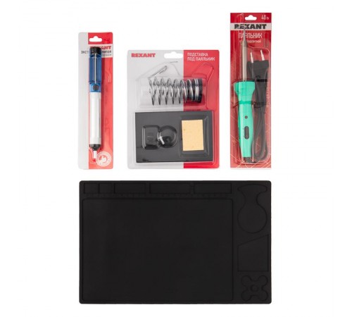 Набор К20 для пайки продвинутый (паяльник с подсветкой, подставка, экстрактор, коврик)  09-3760  Rexant