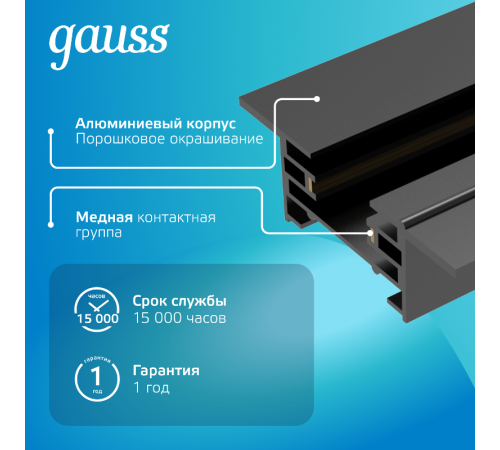Шинопровод осветительный встраиваемый 1м черный (с адаптером питания и заглушкой)  TR129  Gauss