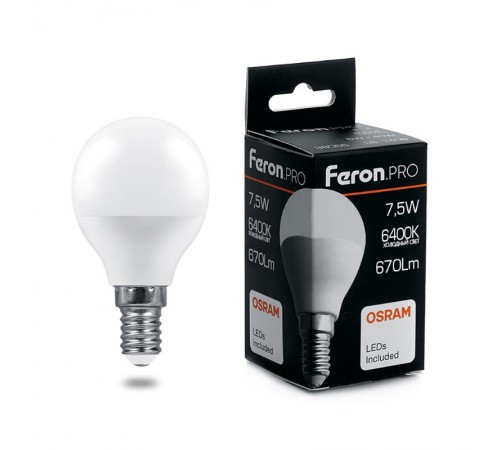 Лампа светодиодная .PRO LB-1407 Шарик E14 7.5W 6400K OSRAM LED  38073  Feron