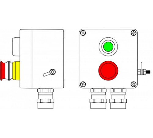 Ex пост управления из GRP; 1Ex d e IIC T6 Gb X / Ex tb IIIB T80°C Db X /IP66; Аварийная кнопка красная, 1NC/1NO -1 шт.; Кнопка Зеленая, 1NC/1NO-1 шт.;