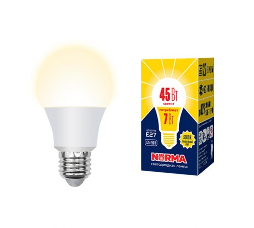Лампа светодиодная LED-A60-7W/3000K/E27/FR/NR LED. "груша" матовая. Серия Norma. Теплый 3000K  UL-00005619  Volpe
