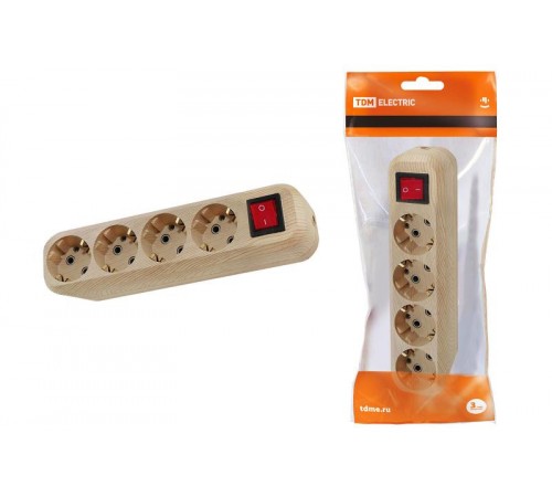 Колодка розеточная 4 гнезда 2П+3 с выключателем16А 250В "Эко" (сосна)   SQ1806-0052  TDM