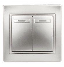 1-104-03 Intro Выключатель двойной, 10А-250В, IP20, СУ, Plano, алюминий  Б0030042  Intro