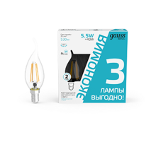 Лампа светодиодная   Basic Filament Свеча на ветру 5,5W 530lm 4100К Е14 LED (3 лампы в упаковке) 1/20  1041126T  Gauss