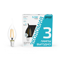 Лампа светодиодная   Basic Filament Свеча на ветру 5,5W 530lm 4100К Е14 LED (3 лампы в упаковке) 1/20  1041126T  Gauss