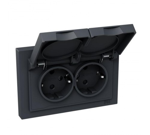 Механизм розетки двойной, 16А, IP44, с заземлением, со шторками, с рамкой, с крышками, графит Эпика  UP1-SOG-211-44 EKF