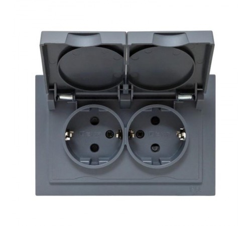Механизм розетки двойной, 16А, IP44, с заземлением, со шторками, с рамкой, с крышками, графит Эпика  UP1-SOG-211-44 EKF