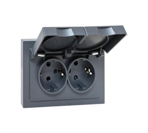 Механизм розетки двойной, 16А, IP44, с заземлением, со шторками, с рамкой, с крышками, графит Эпика  UP1-SOG-211-44 EKF