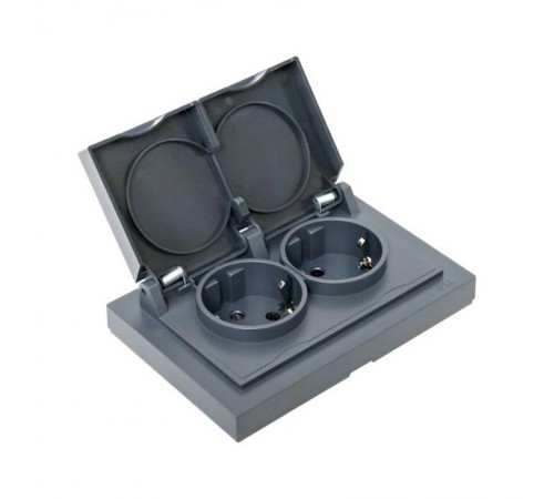 Механизм розетки двойной, 16А, IP44, с заземлением, со шторками, с рамкой, с крышками, графит Эпика  UP1-SOG-211-44 EKF