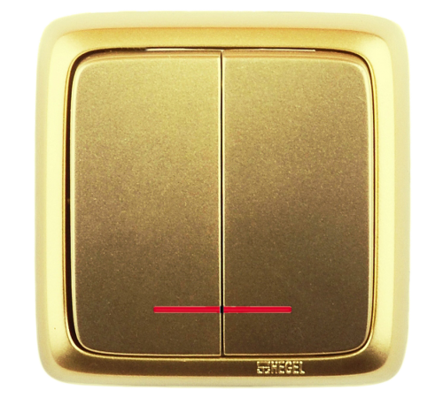 Выключатель открытой установки, двухклавишный, с индикацией, цвет золото  ВА10-152-07  HEGEL