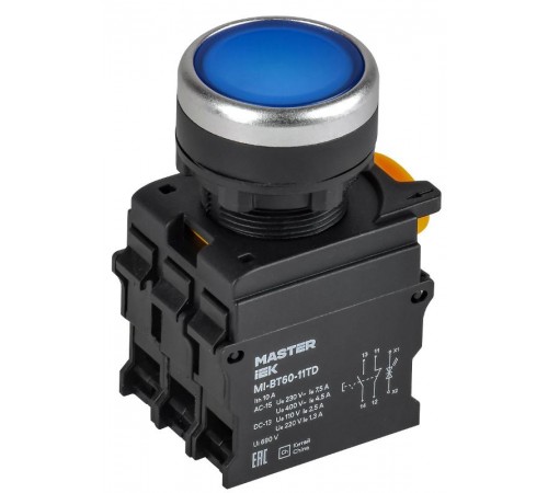 Кнопка с подсвет. и фикс. d=22мм 1NO+1NC синяя MASTER  MI-BT60-11TD-3-11-K07  IEK