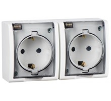 Белый Розетка двойная с/з Schuko, с крышкой полупрозрачной, IP54, 16А 250В, винт. зажим  1594433-030  Simon