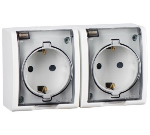 Белый Розетка двойная с/з Schuko, с крышкой полупрозрачной, IP54, 16А 250В, винт. зажим  1594433-030  Simon