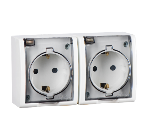 Белый Розетка двойная с/з Schuko, с крышкой полупрозрачной, IP54, 16А 250В, винт. зажим  1594433-030  Simon