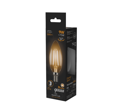Лампа светодиодная LED 9Вт E14 2700K Filament Candle (свеча) 103801109  Gauss
