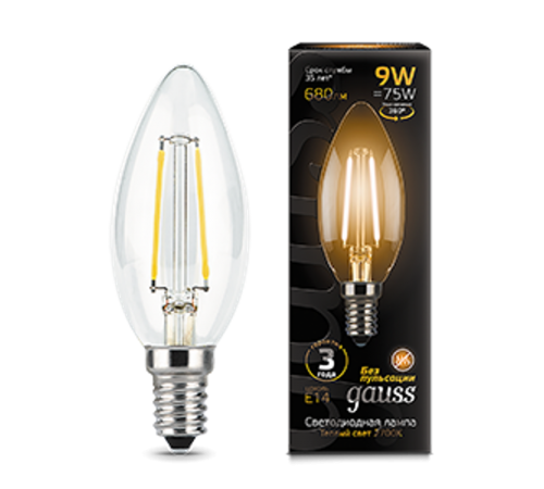 Лампа светодиодная LED 9Вт E14 2700K Filament Candle (свеча) 103801109  Gauss
