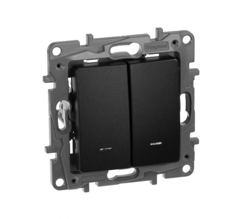 Etika Антрацит Переключатель 2-клавишный с подсветкой, 10А, автозажимные клеммы  672616  Legrand