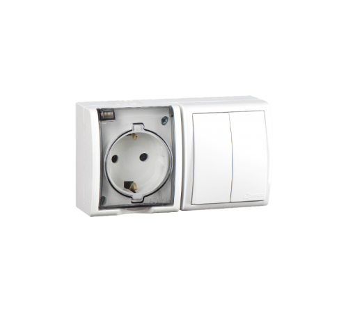 Блок IP54. Розетка с крышкой и заземлением Schuko 2Р+Е 16A + Двухклавишный выключатель 10AX 250В белого цвета S15 Aqua  1594515-030  Simon