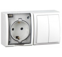 Блок IP54. Розетка с крышкой и заземлением Schuko 2Р+Е 16A + Двухклавишный выключатель 10AX 250В белого цвета S15 Aqua  1594515-030  Simon