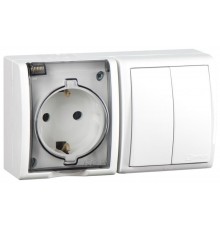 Блок IP54. Розетка с крышкой и заземлением Schuko 2Р+Е 16A + Двухклавишный выключатель 10AX 250В белого цвета S15 Aqua  1594515-030  Simon