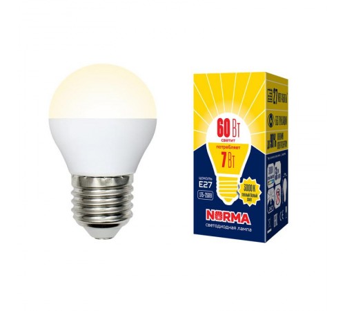 Лампа светодиодная LED-G45-7W/WW/E27/FR/NR LED. "шар", матовая. Серия Norma. 3000K  UL-00003823  Volpe