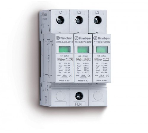 Устройство защиты от импульсных перенапряжений УЗИП тип 1 (3 варистора); модульный, ширина 52.5мм; степень защиты IP20  7P1382751012  Finder