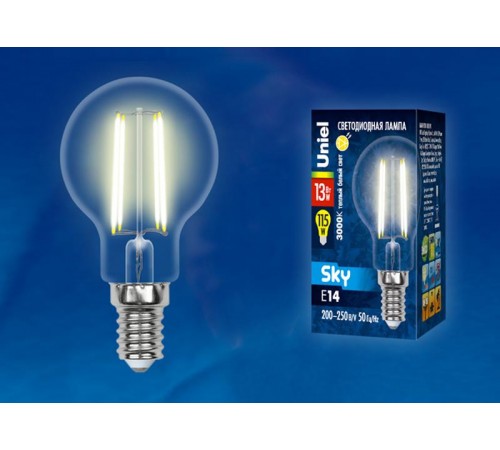 Лампа светодиодная LED-G45-13W/3000K/E14/CL PLS02WH LED. "шар", прозр. 3000К Серия Sky  UL-00005905  Uniel