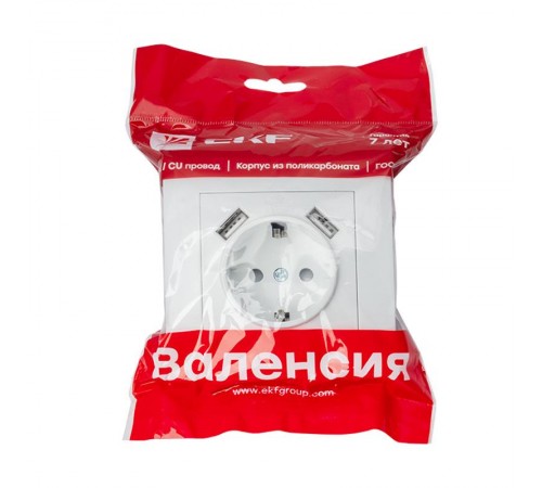 Валенсия розетка 1-местная с/з 16А белая с защ. штор. с 2 USB 2,1А EKF PROxima   EWR16-028-10-2USB   EKF