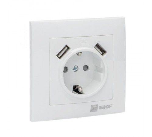 Валенсия розетка 1-местная с/з 16А белая с защ. штор. с 2 USB 2,1А EKF PROxima   EWR16-028-10-2USB   EKF