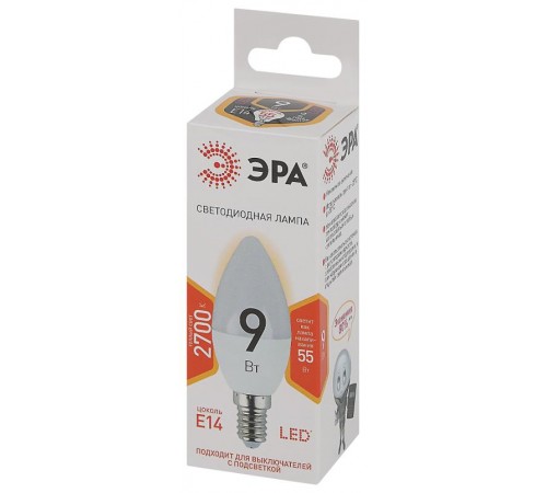 Лампа светодиодная СТАНДАРТ LED B35-9W-827-E14 (диод, свеча, 9Вт, тепл, E14)  Б0047935  ЭРА