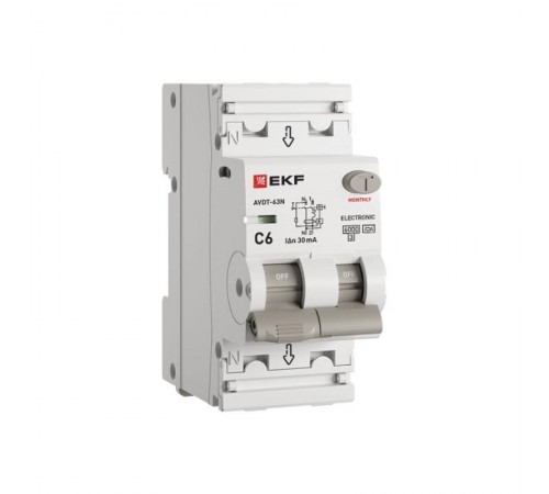Выключатель автоматический дифференциального тока АВДТ-63N 1P+N 6А 30мА характеристика C тип A электронный 6кА PROXIMA  D63N26EA6C30  EKF