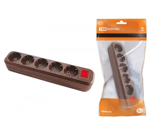 Колодка розеточная 5 гнезд 2П+3 с выключателем16А 250В "Эко" (бук)   SQ1806-0069  TDM