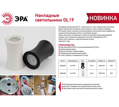 Светильник настенно-потолочный спот OL19 BK MR16/GU10, черный  Б0054387  ЭРА