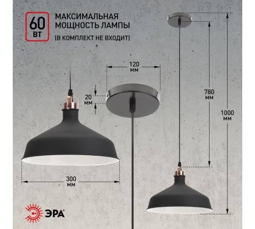 Светильник подвесной PL2 BK/RC металл, E27, max 60W, d300 мм, шагрень черный/медь  Б0037413  ЭРА