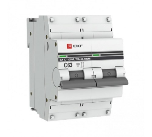 Выключатель автоматический двухполюсный 2P 63А (C) 10kA ВА 47-100M с электромагнитным расцепителем PROxima  mcb47100m-2-63C-pro  EKF