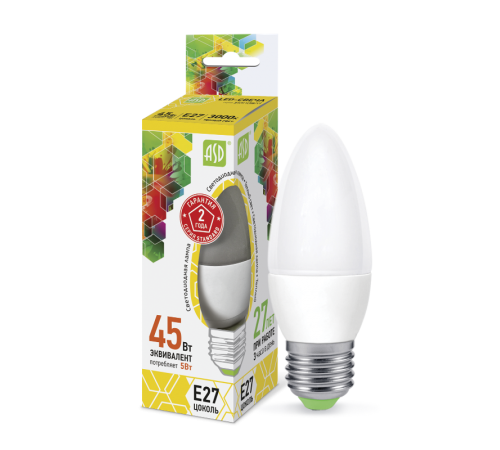 Лампа светодиодная LED-СВЕЧА-standard 5Вт 230В Е27 3000К 450Лм  4690612003900  ASD