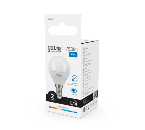 Лампа светодиодная Elementary Шар 10W 750lm 6500K Е14 LED 1/10/100  53130  Gauss