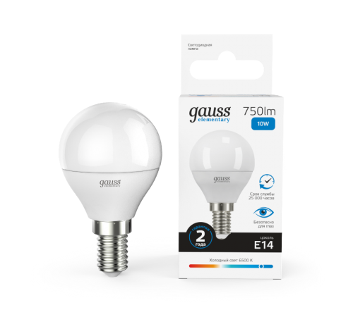 Лампа светодиодная Elementary Шар 10W 750lm 6500K Е14 LED 1/10/100  53130  Gauss