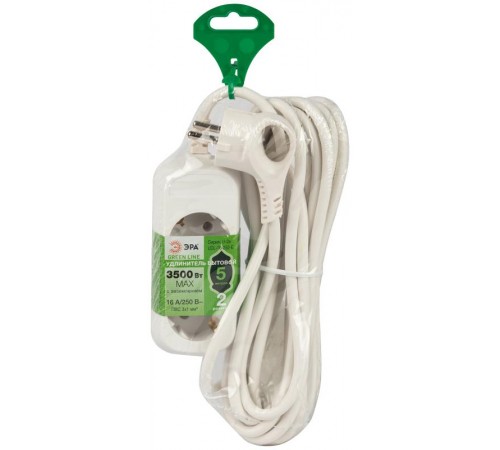 Удлинитель электрический ЭРА UDL-16-250-E Greenline 2 розетки с заземлением 5м ПВС 3x1мм2   Б0065014  ЭРА