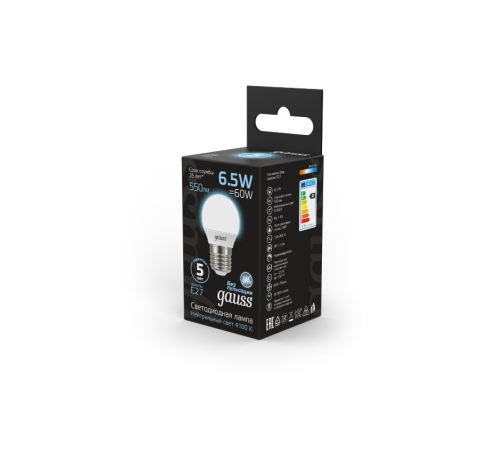 Лампа светодиодная LED 6,5Вт E27 220В 4100К шар  105102207  Gauss