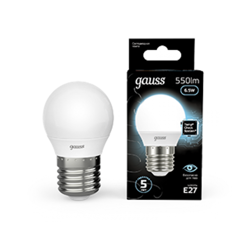 Лампа светодиодная LED 6,5Вт E27 220В 4100К шар  105102207  Gauss