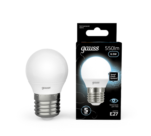 Лампа светодиодная LED 6,5Вт E27 220В 4100К шар  105102207  Gauss