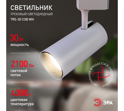 Светильник светодиодный трековый однофазный ЭРА TR5-30 COB WH 30 ватт 4000К 2100Лм белый  Б0049054  ЭРА