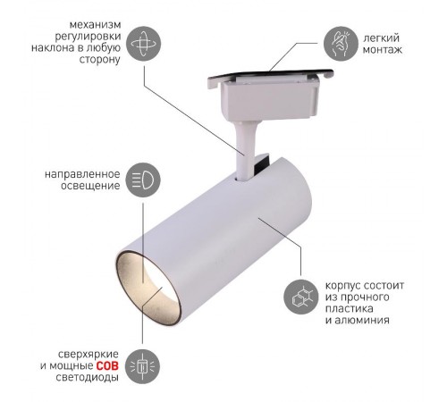 Светильник светодиодный трековый однофазный ЭРА TR5-30 COB WH 30 ватт 4000К 2100Лм белый  Б0049054  ЭРА