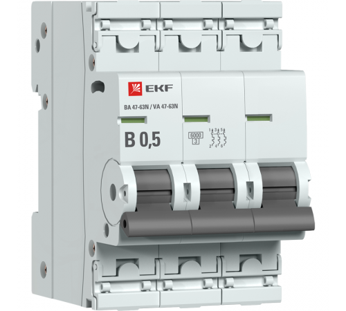 Выключатель автоматический трёхполюсный 0,5А (B) 6кА ВА 47-63N PROxima M63630T5B  EKF