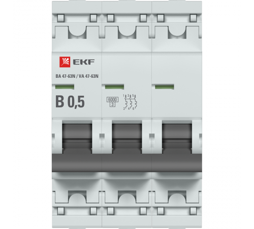 Выключатель автоматический трёхполюсный 0,5А (B) 6кА ВА 47-63N PROxima M63630T5B  EKF