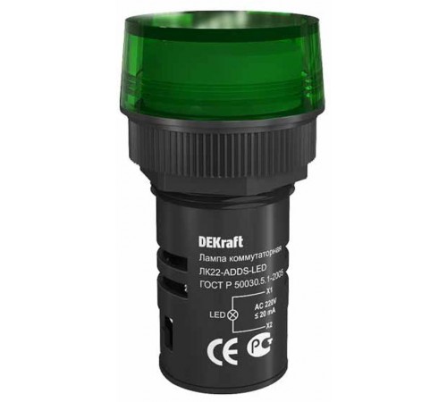 Лампа комм. ADDS 22 мм Цвет:ЗЕЛЕНЫЙ LED 220В ЛK-22 a  25002DEK  DEKraft